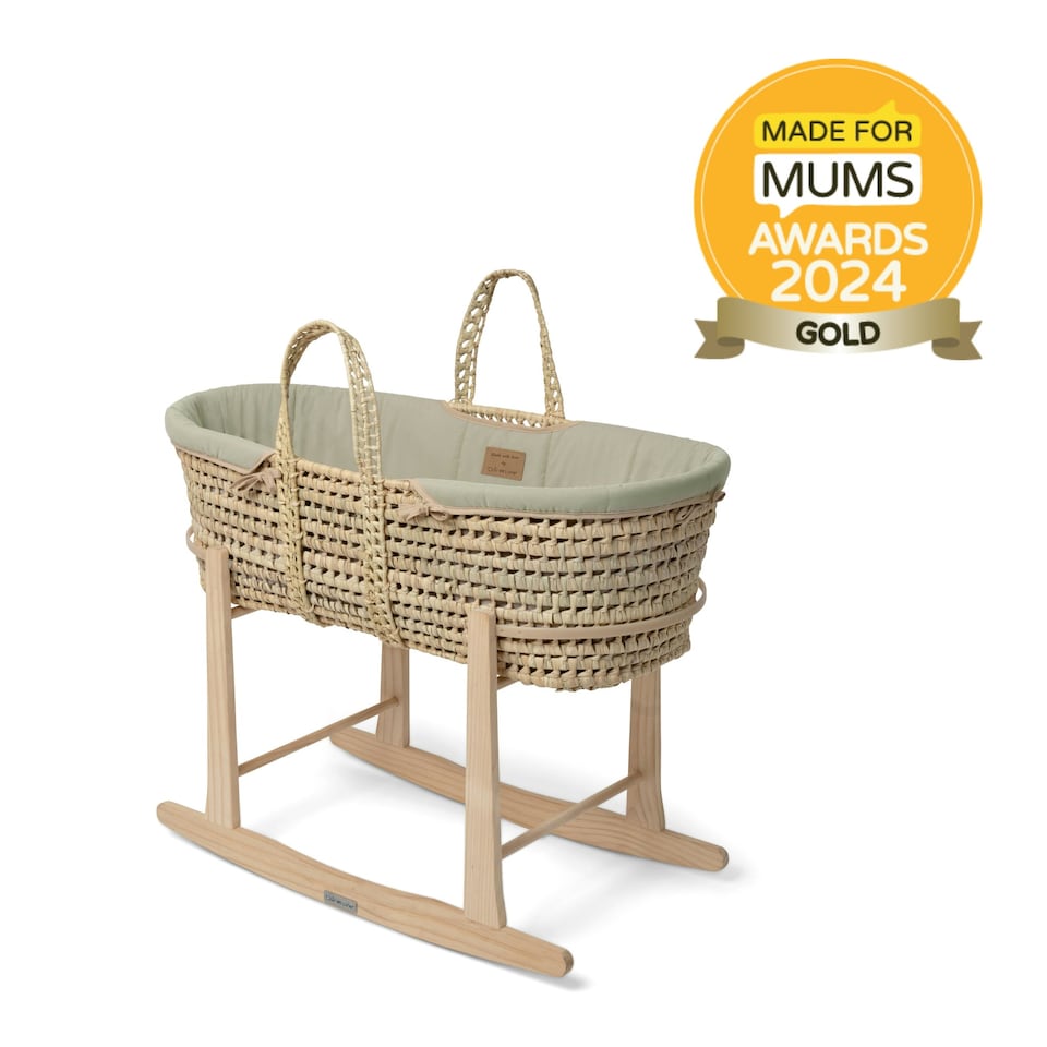 image 1 of Clair de Lune Organic Palm Moses Basket With Rocking Stand - Sage