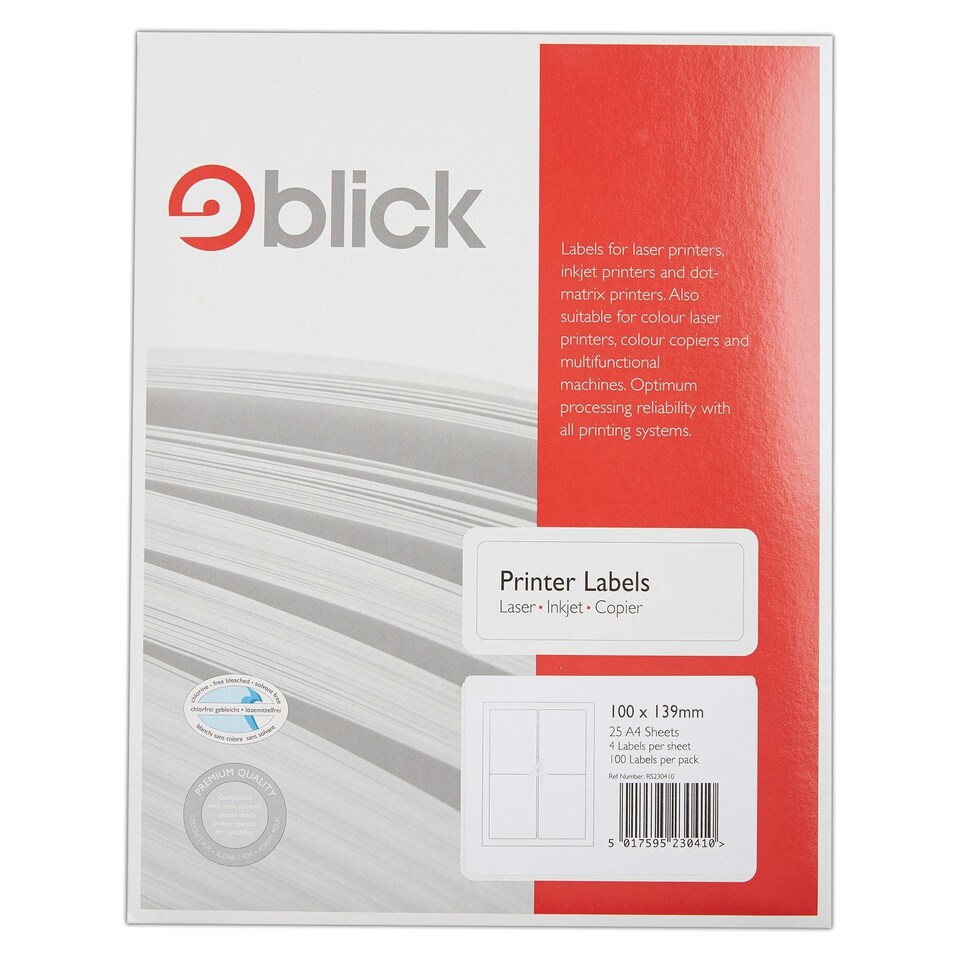 image 1 of Blick 4 Per Sheet 25 Sheets, 100mm x 139mm, Rectangular, White, 100 Labels