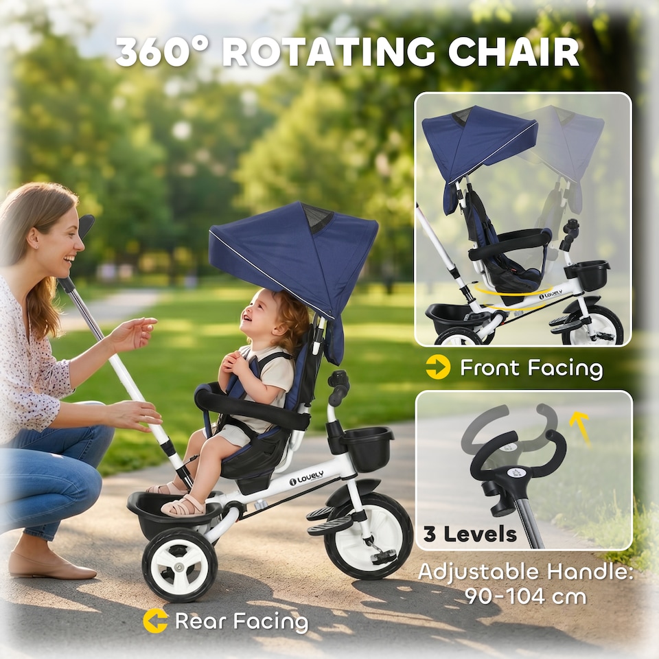 image 1 of HOMCOM 6 in 1 Trike for Toddler 1-5 Years with Parent Handle, Dark Blue