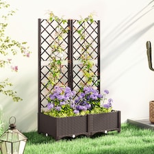 Outsunny Raised Garden Bed with Trellis, Plastic Planter Box with Drainage Holes, Drain Plugs and Water Reservoirs for Climbing Plants, Vegetables, Flowers | Brown