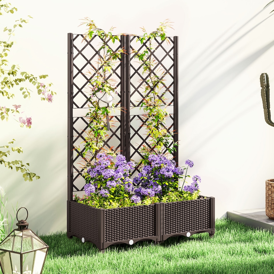 image 1 of Outsunny Raised Garden Bed with Trellis, Plastic Planter Box with Drainage Holes, Drain Plugs and Water Reservoirs for Climbing Plants, Vegetables, Flowers | Brown