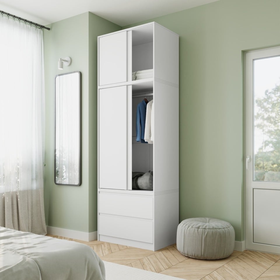 image 1 of 240cm 2 Sliding Doors Wardrobe Bedroom Storage Closet Hanging Rail Cupboard Unit | Multi | White Carcass & White Doors | 1