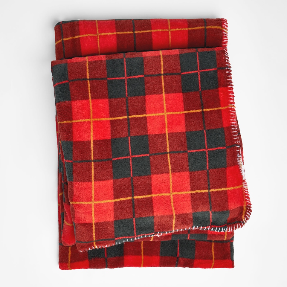 image 1 of OHS Large Tartan Sherpa Flannel Fleece Throw Over Bed Blanket Check Red