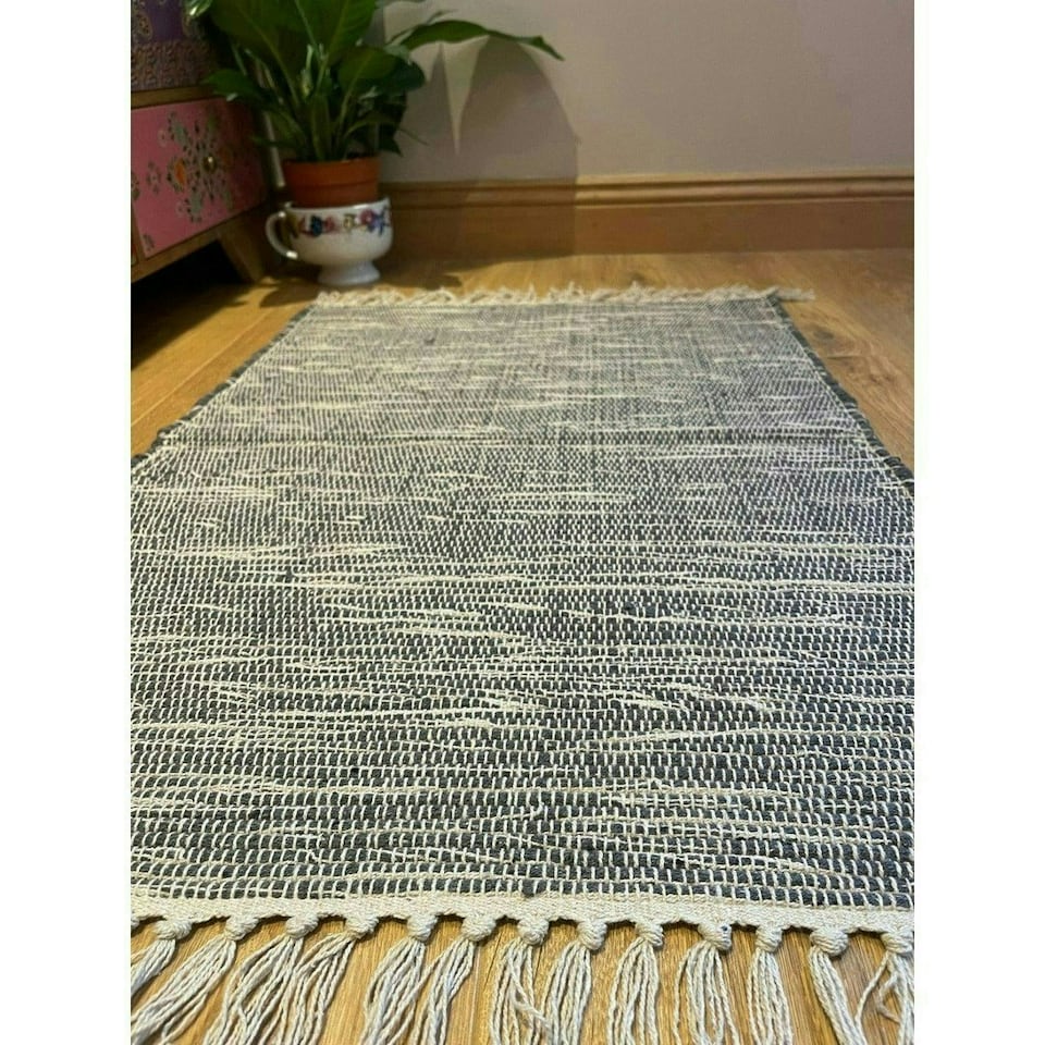 image 1 of Hush Hand Loomed Soft Rug in Muted Colours - Cotton - L60 x W210 cm - Dark Grey Grey