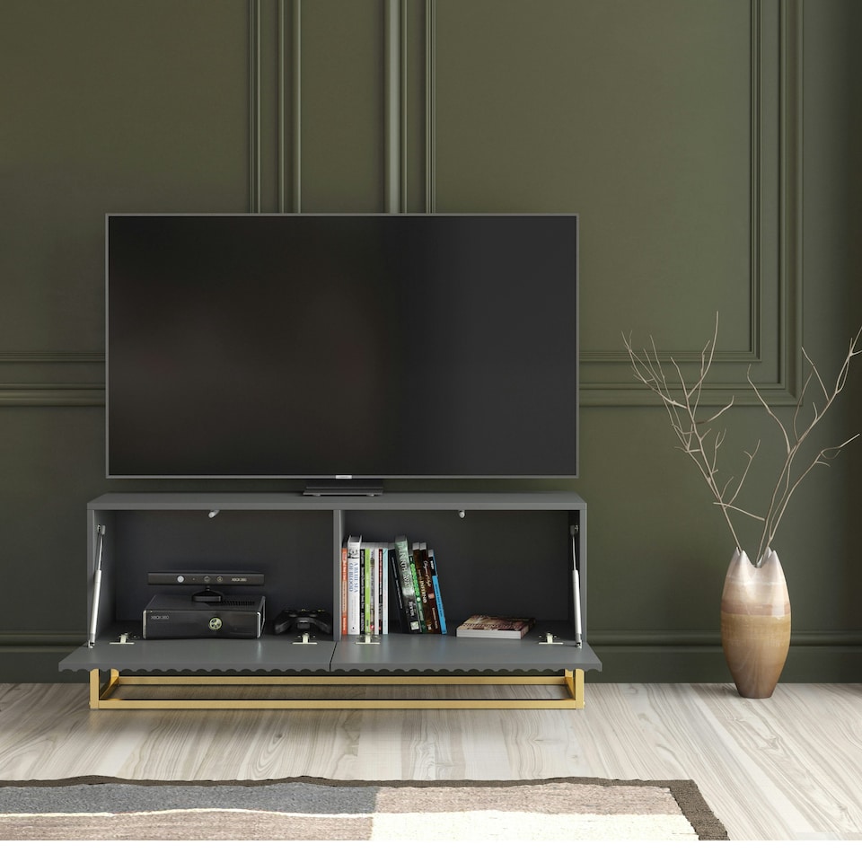 image 1 of TV Unit 100cm Grey Matt Fluted Fronts with Gold Metal Base Grey