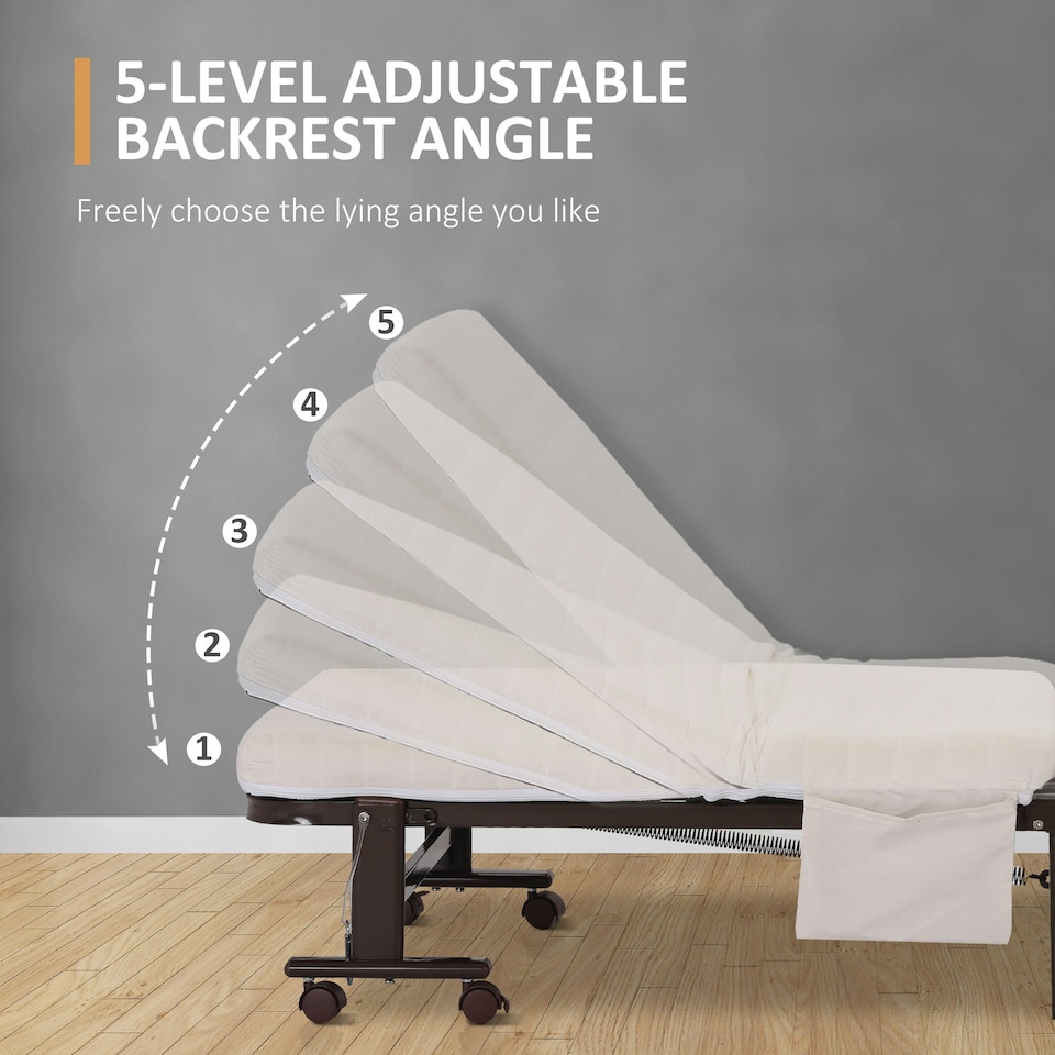 image 1 of HOMCOM Folding Bed with Mattress & Wheels, Adjustable Backrest Guest, White