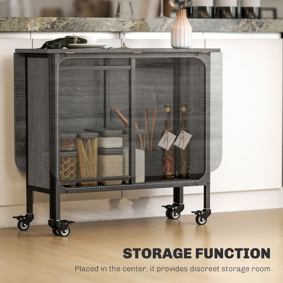 image 1 of HOMCOM Mobile Drop Leaf Table, Folding Dining Table with 6 Wheels & Storage Shelf for Small Spaces, Kitchen, Dining Room, Grey