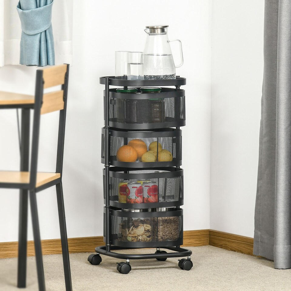 image 1 of HOMCOM Metal Storage Cart with Top Tray and 4 Mesh Baskets, Black
