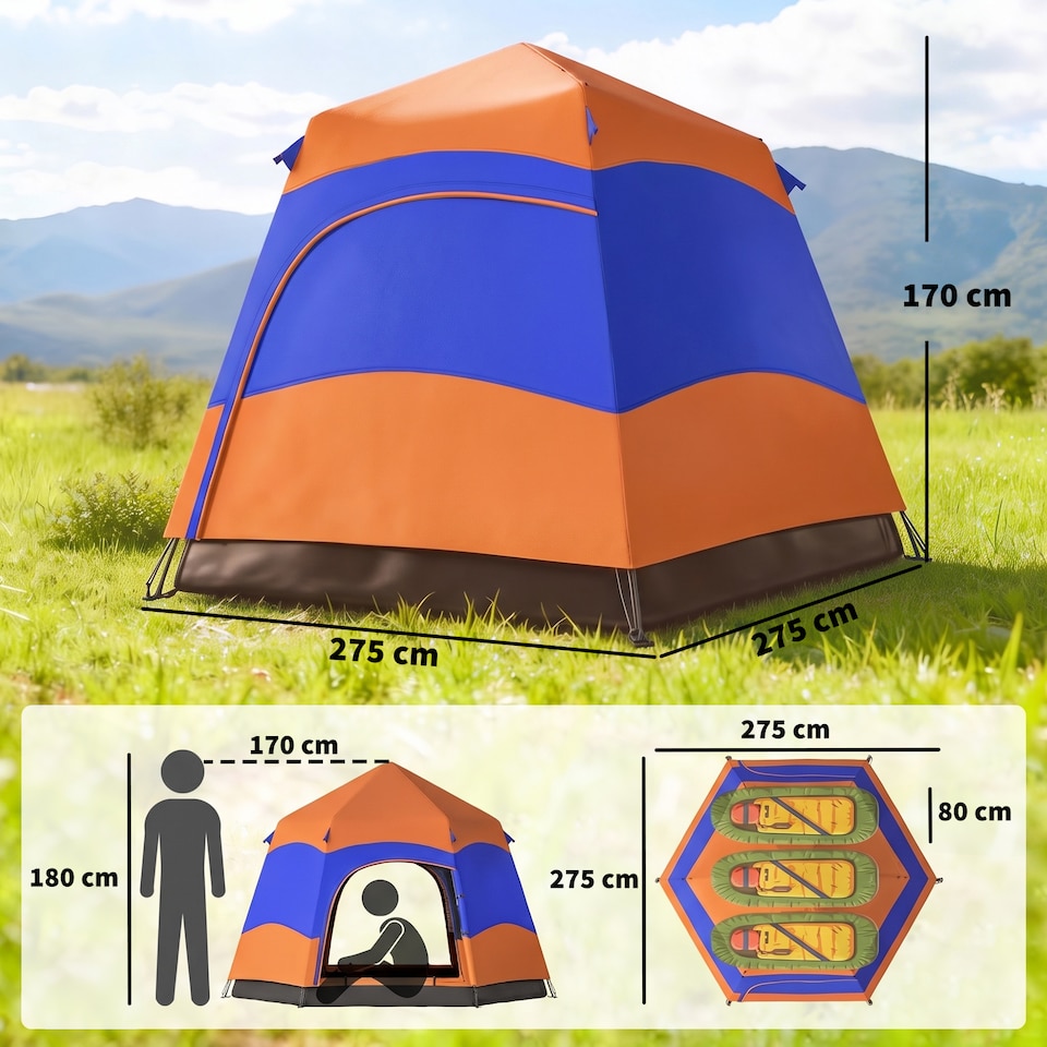 image 1 of Orange 3 Person Dual Layer Pop Up Camping Tent with Rainfly Outsunny