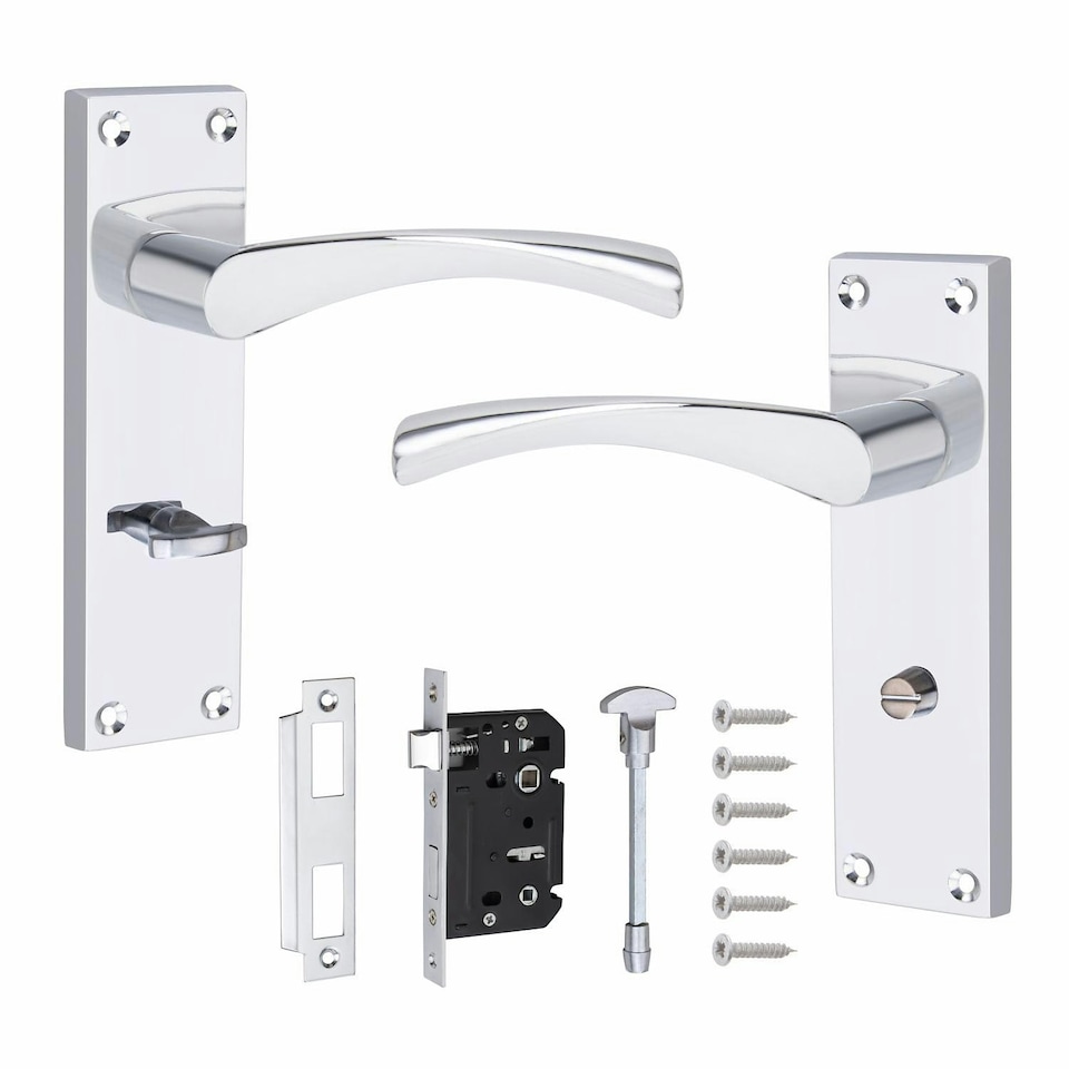 image 1 of Golden Grace Victorian Scroll Astrid Door Handles Bathroom WC Toilet in Silver Polished Chrome with (GG) 64mm Bathroom Mortise Lock - 150mm x 40mm Backplate Chrome