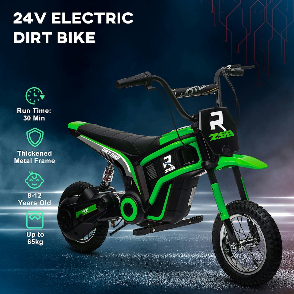 image 1 of HOMCOM 24V Kids Electric Motorbike with Twist Grip Throttle, Music, Horn - Green