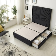 Sunburst Divan Bed with 2 Drawers & 54'' Floor Standing Headboard Plush Velvet | Black | Black