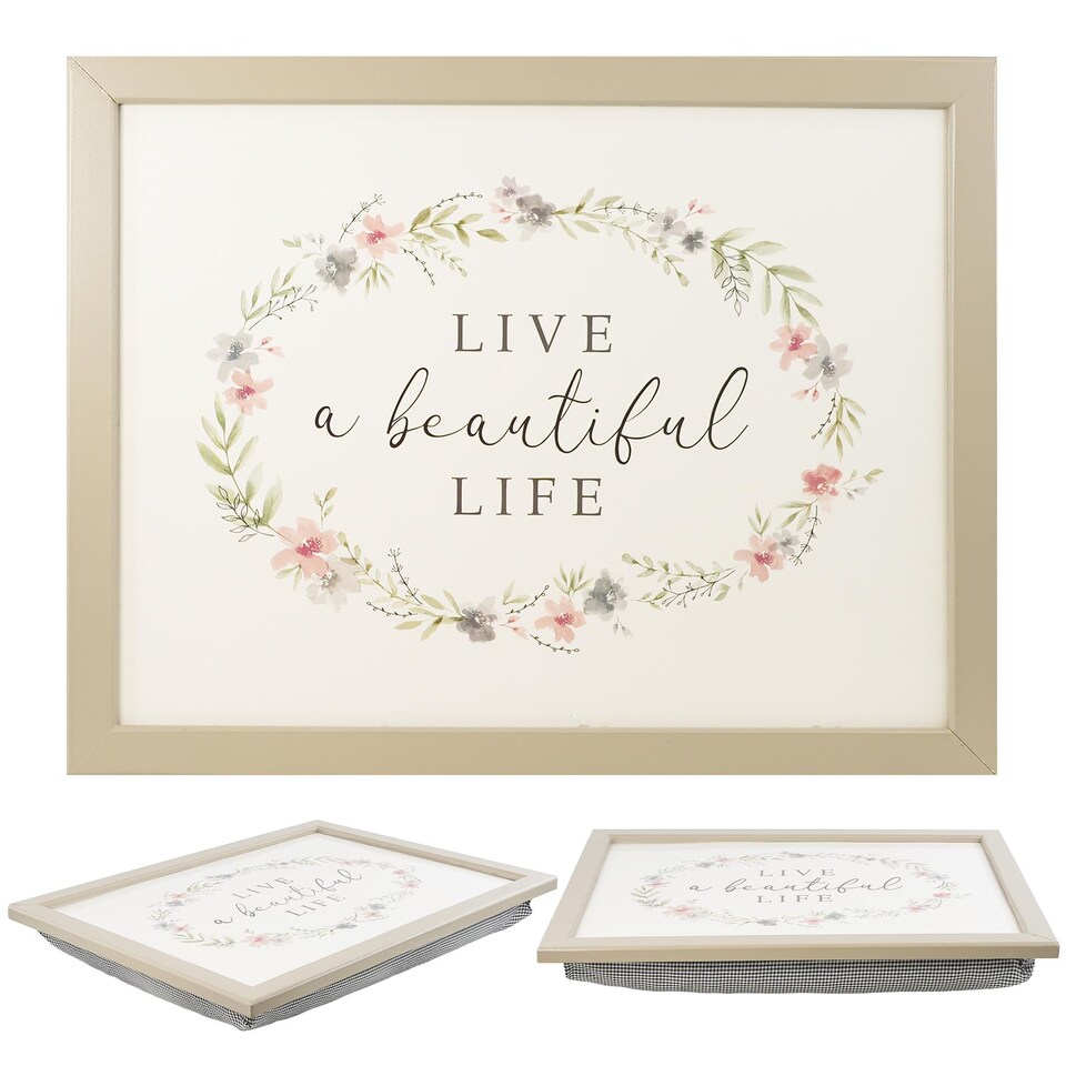 image 1 of GEEZY Live A Beautiful Life Design Wooden Lap Serving Tray with Bean Bag Cushion 44x34cm