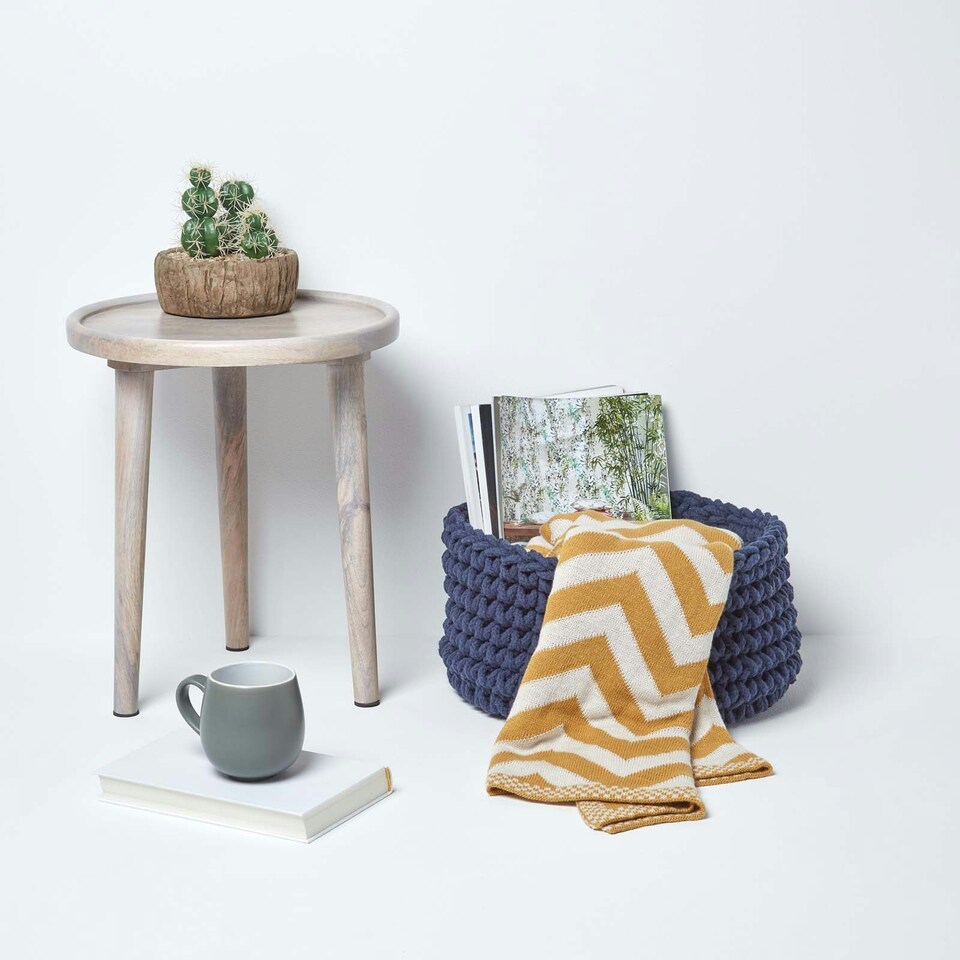 image 1 of Homescapes Navy Blue Cotton Knitted Round Storage Basket - 37 x 21 cm Blue | M