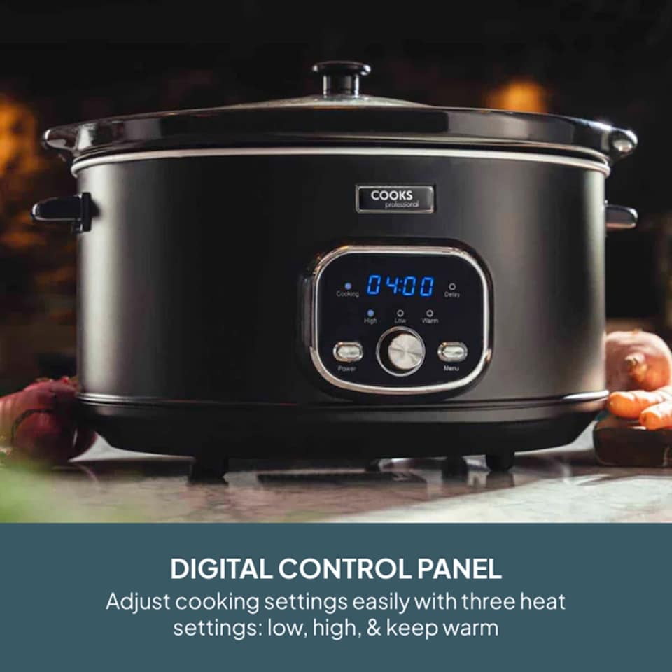 image 1 of Cooks Professional 6.5L Digital Slow Cooker with Lid, Removable Bowl & 3 Heat Settings | Black | Black