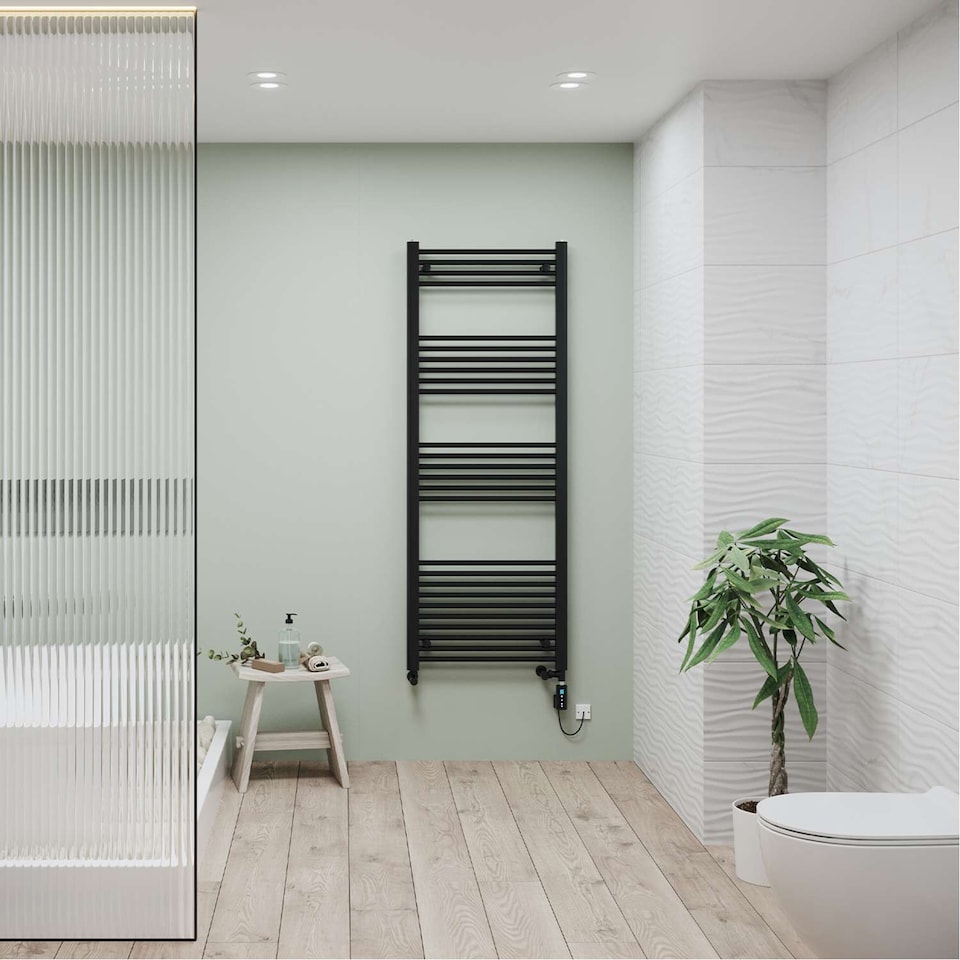 image 1 of Zennor - Black Dual Fuel Towel Rail H1600mm x W600mm Thermostatic WIFI - Straight