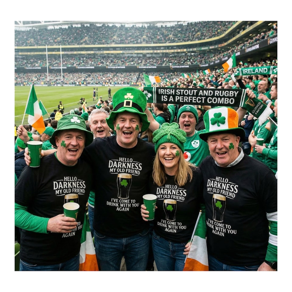image 1 of St Patricks Black Tshirt with Hello Darkness in White & Irish Trilby | Multi | XL