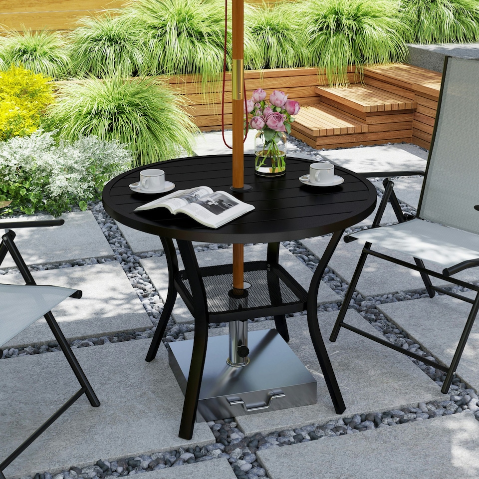 image 1 of Outsunny 90 cm Garden Dining Table, Round Garden Table w/ Parasol Hole Black