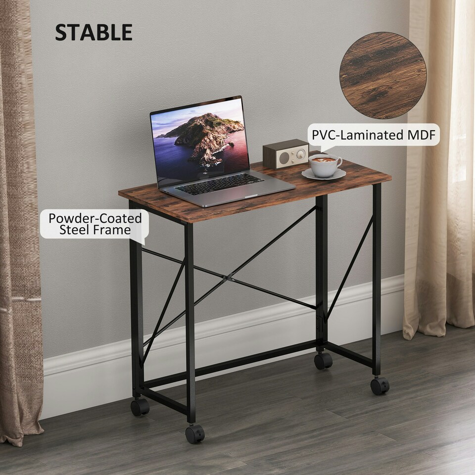 image 1 of HOMCOM Folding Desk on Wheels, Writing Table for Home Office, Brown Brown | White
