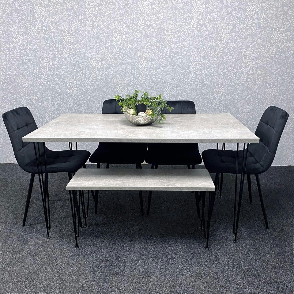 image 1 of Grey Dining Table with Hairpin Legs, Bench & 4 Black Velvet Chairs Set for Kitchen & Dining Room Grey