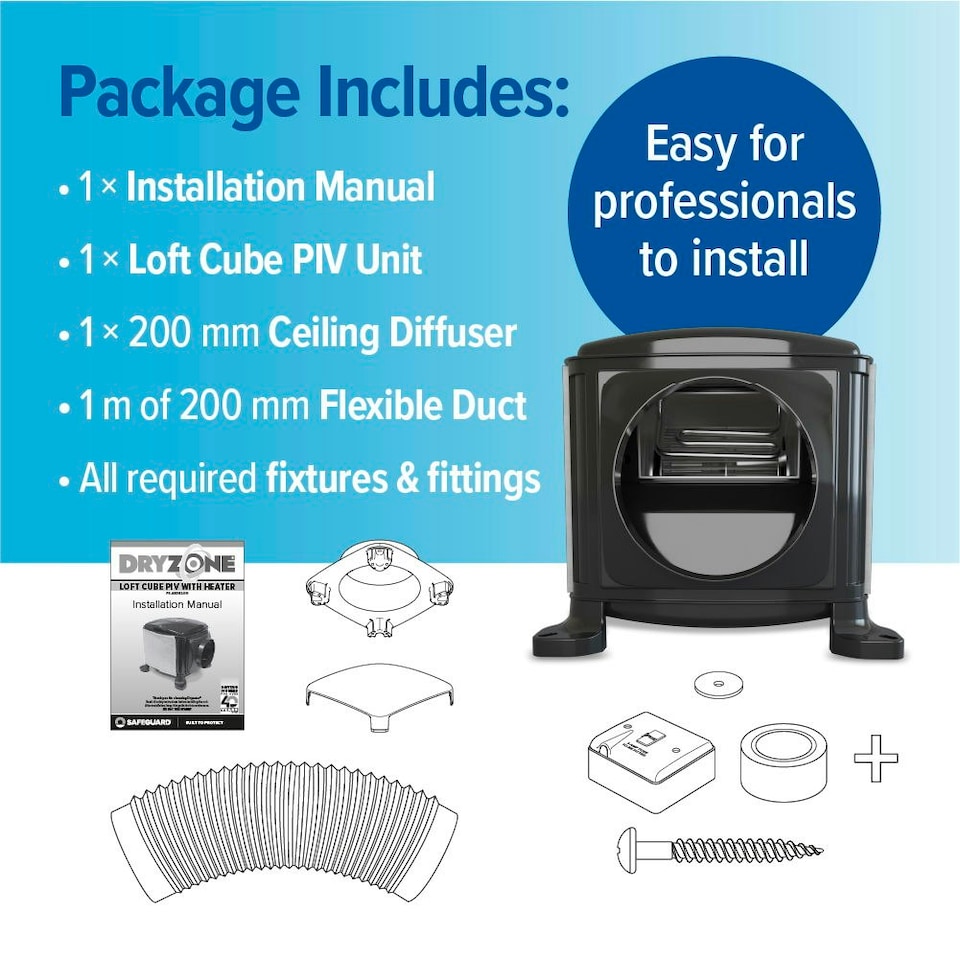 image 1 of Dryzone Loft Cube Quiet PIV Unit with Heater - Whole-House Positive Input Ventilation Kit for 1-5 Bedroom Homes