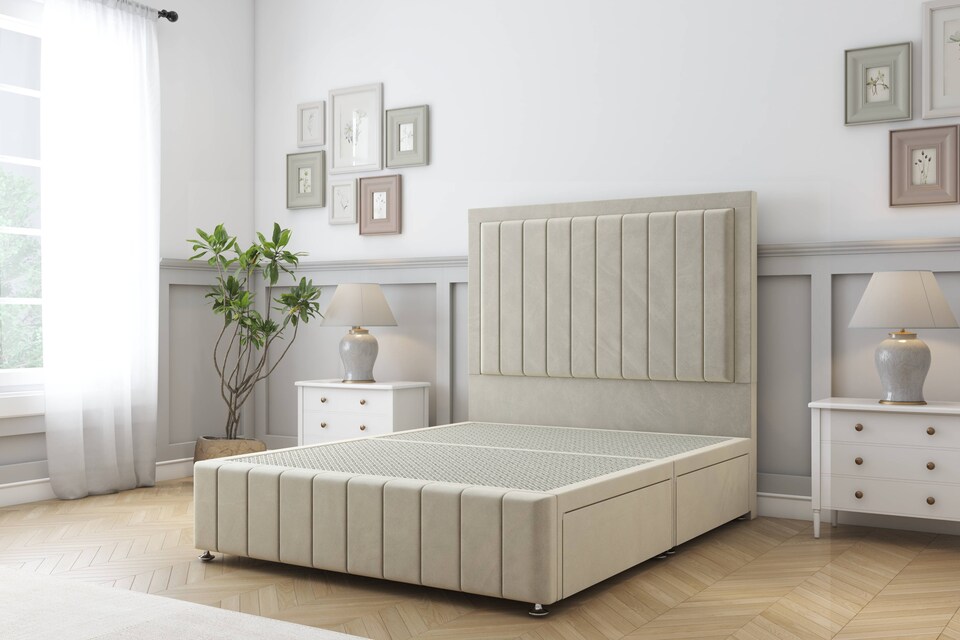 image 1 of Sloomy Pemberton Cream Plush Divan Bed Base No Drawers With 54 Inch Floor Standing Headboard & 12 Inch Matching Footboard | Cream | Cream | Double | 1