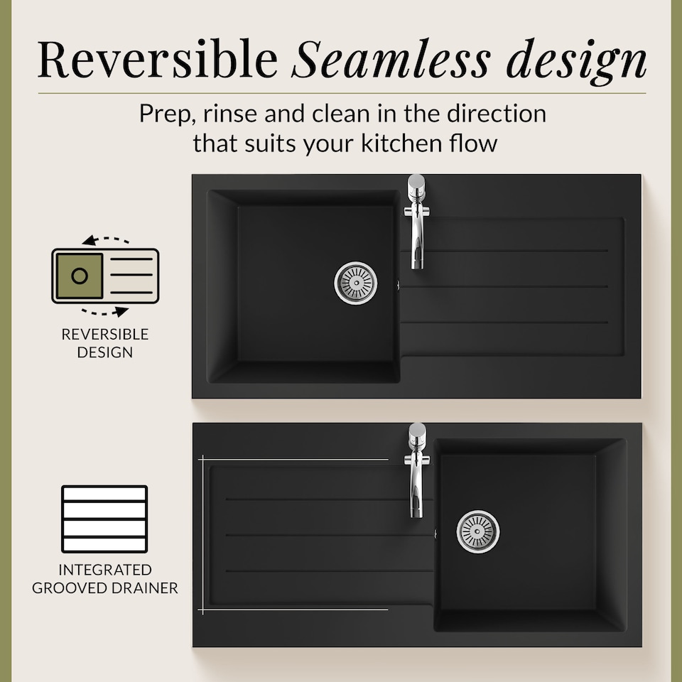image 1 of Balterley 100cm Kitchen Single Bowl Composite Inset Sink with Overflow & Reversible Drainer