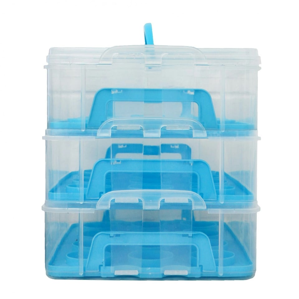 image 1 of Oypla Blue 3 Tier 36 Cupcake Plastic Carrier Holder Storage Container Blue
