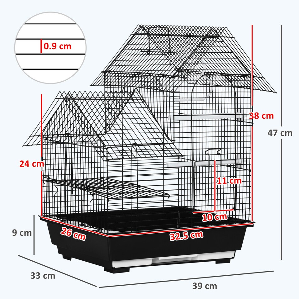 image 1 of PawHut Metal Bird Cage, With Plastic Perch, Swing Ring, Handle, 39 x 33 x 47cm