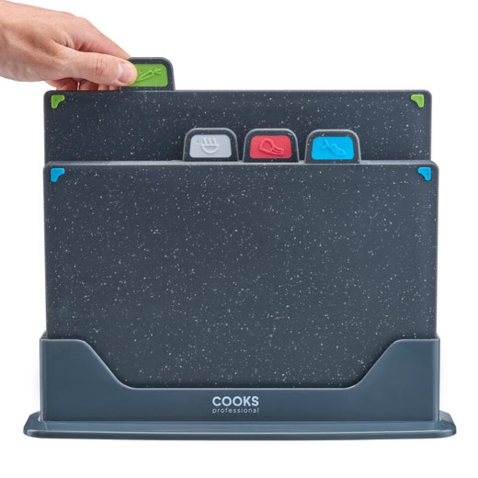 image 1 of Cooks Professional Set of 4 Index Chopping Boards with Stand & Coloured Tabs