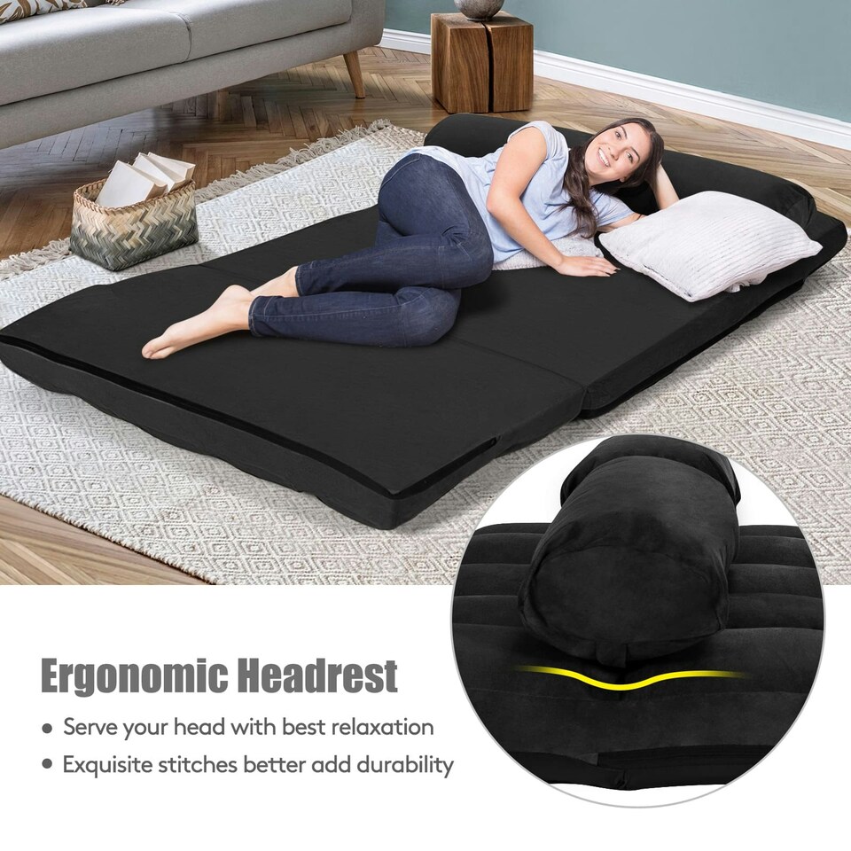 image 1 of COSTWAY Adjustable 6-Position Foldable Lazy Sofa Bed Black Black