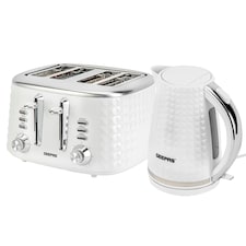 GEEPAS 4 Slice Bread Toaster & 1.7L Cordless Electric Kettle Combo Set with Textured Design – White White