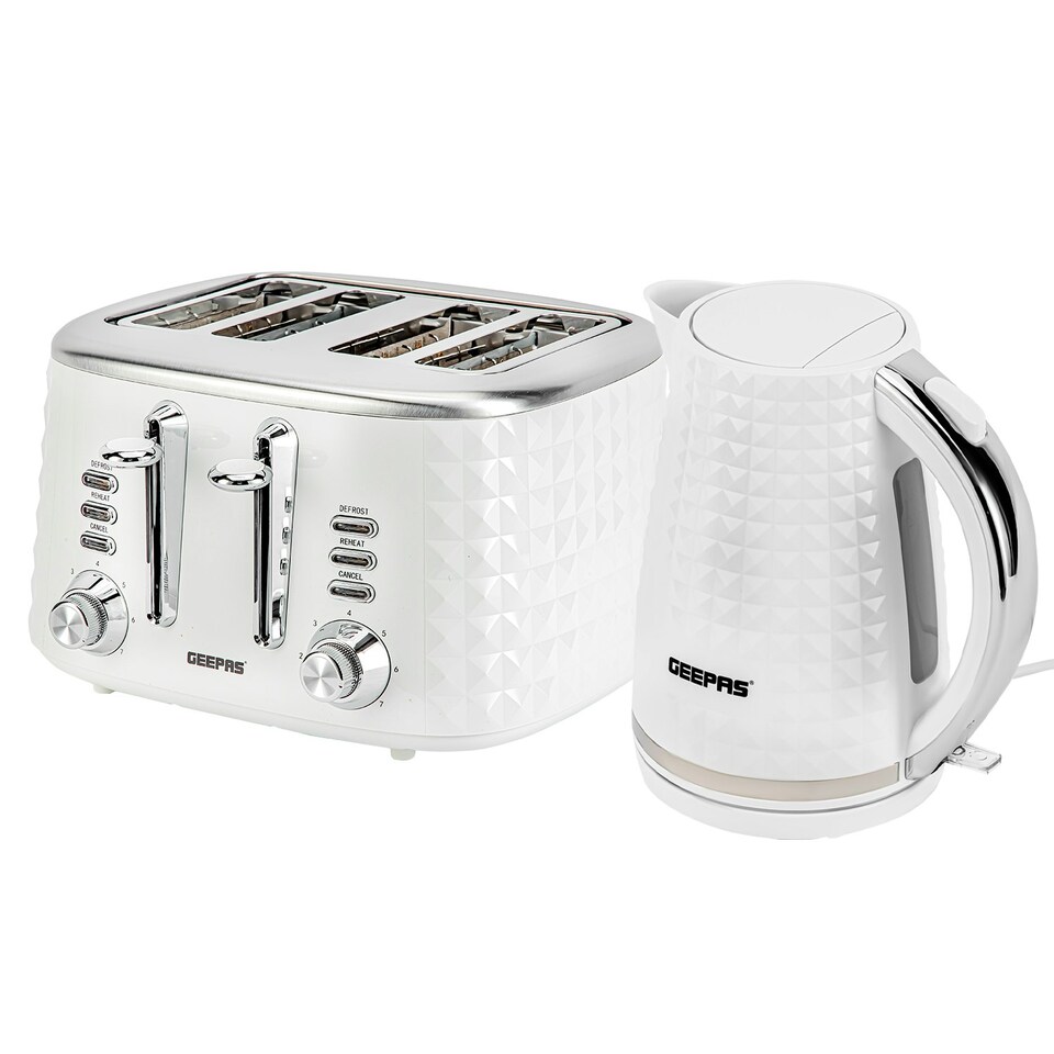 image 1 of GEEPAS 4 Slice Bread Toaster & 1.7L Cordless Electric Kettle Combo Set with Textured Design – White White