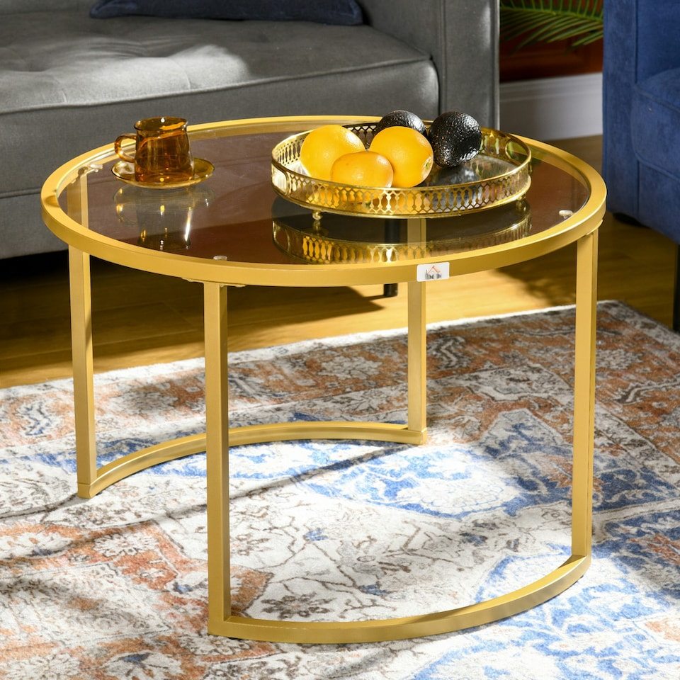 image 1 of HOMCOM Modern Coffee Table Set of 2, Nesting Tables with Glass Top, Gold | Multi