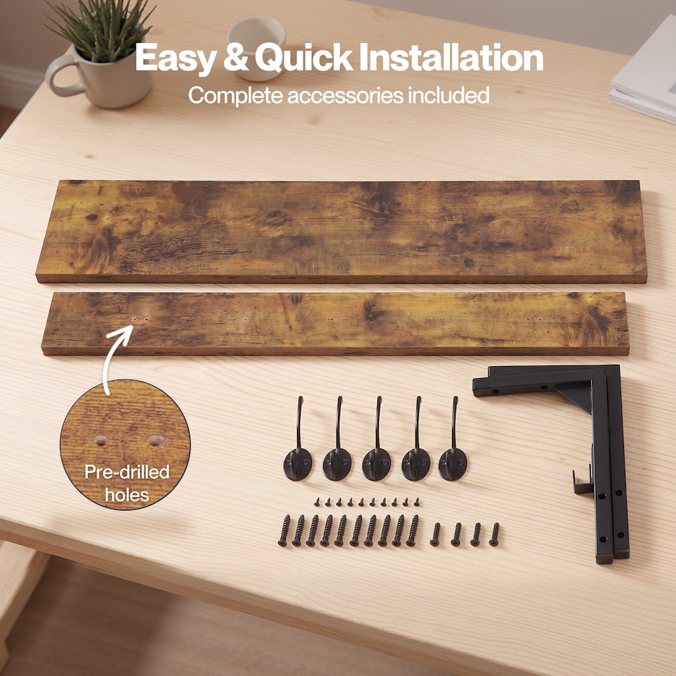 image 1 of Levede Coat Rack Wall Mounted Shelf 7 Hooks Heavy Duty Entryway Storage Brown
