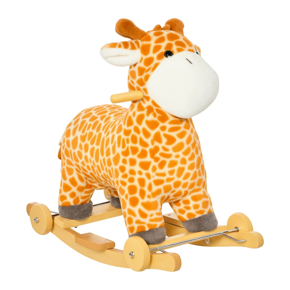 image 1 of HOMCOM 2 In 1 Kids Todder Rocking Horse Plush Ride On Giraffe Rocker with Wheels Wooden Base Animal Sounds for 3-6 Years