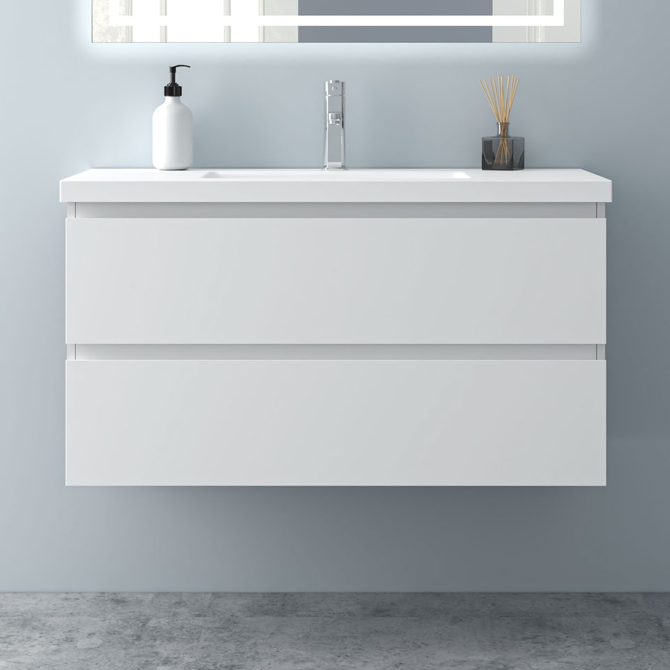 image 1 of AICA 1000mm Wall Mounted Bathroom Vanity Unit With Artificial Stone Basin,2 Soft Close Drawers for Storage,White,Flat packed