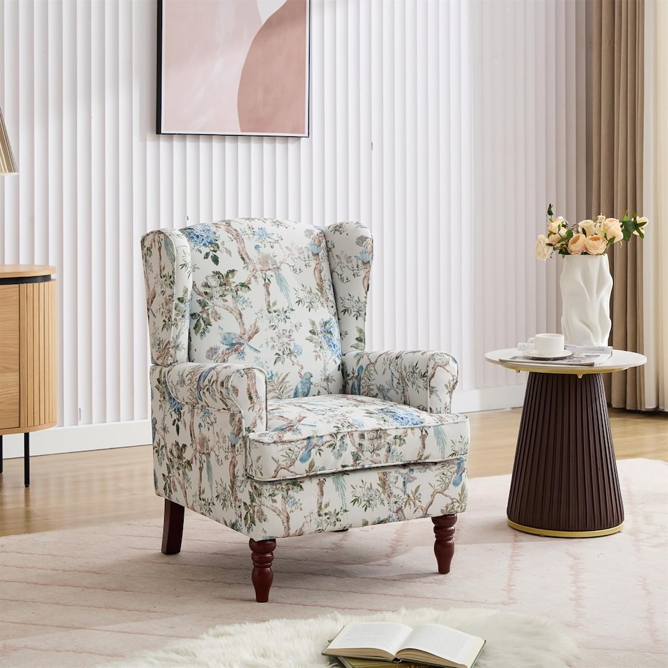 Wingback Armchair, Bird Pattern Retro Accent Chair Soft Padded Fabric ...