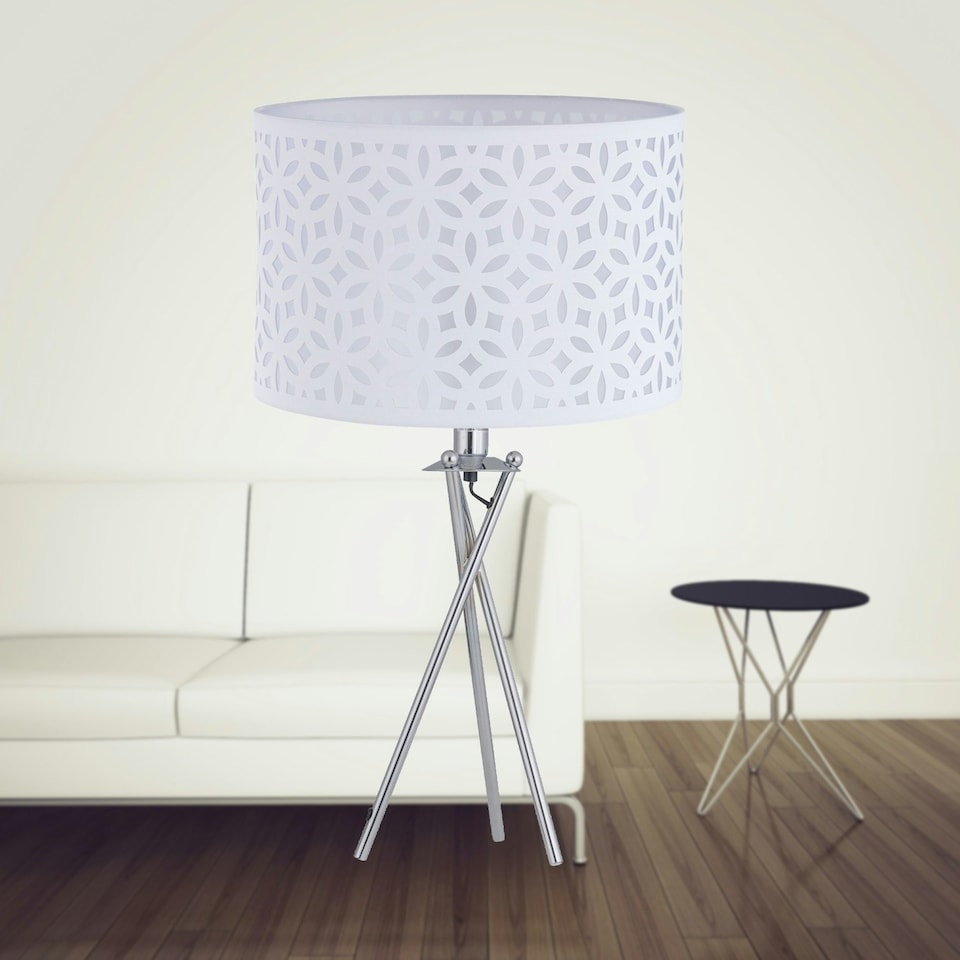 image 1 of First Choice Lighting Chrome Tripod Table Lamp with White Laser Cut Shade Chrome | White