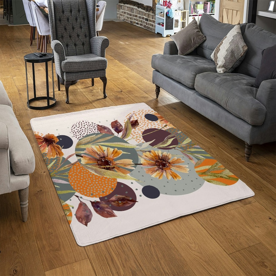 image 1 of Orange Geometric With Flowers (Rug) Orange | XL: 160x230cm