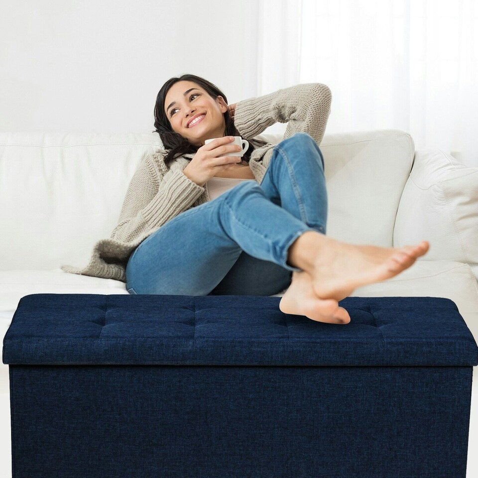 image 1 of COSTWAY Folding Storage Ottoman Bench Tufted Seat Blue Blue