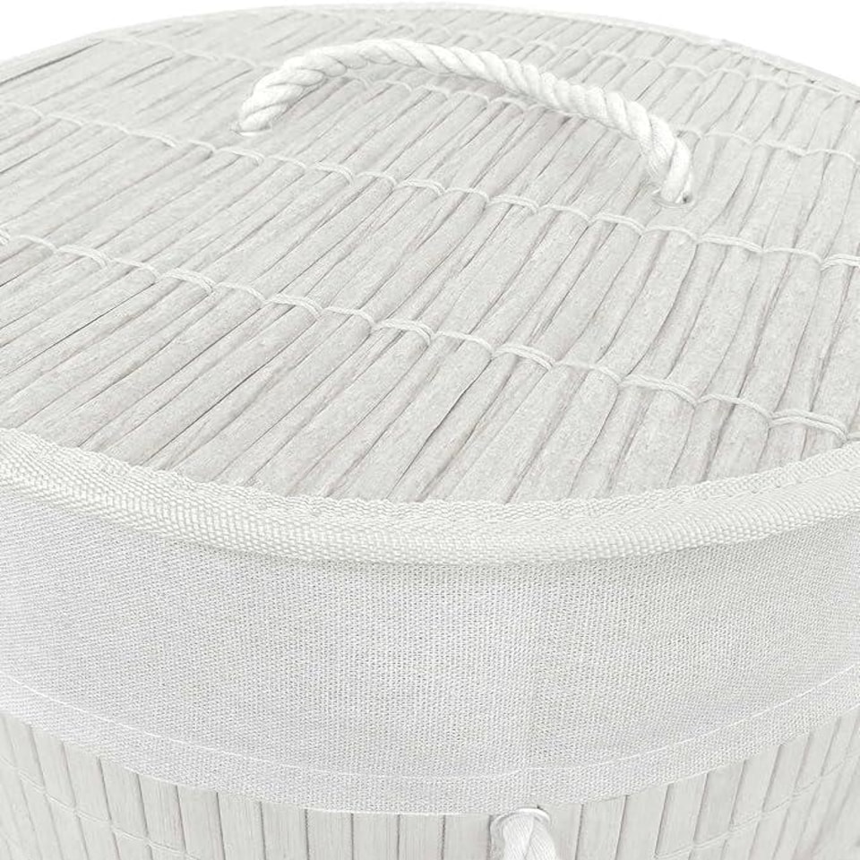 image 1 of Round Bamboo White Laundry Hamper | White