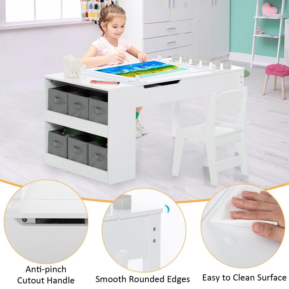 image 1 of COSTWAY 2-in-1 Kids Art Table Set with Chairs White