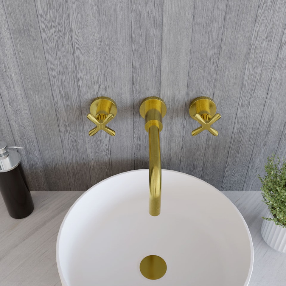 image 1 of Connect Wall Mount 3 TH Basin Mixer Tap, Curved Spout - Brushed Brass | Copper | Brushed Brass | 1