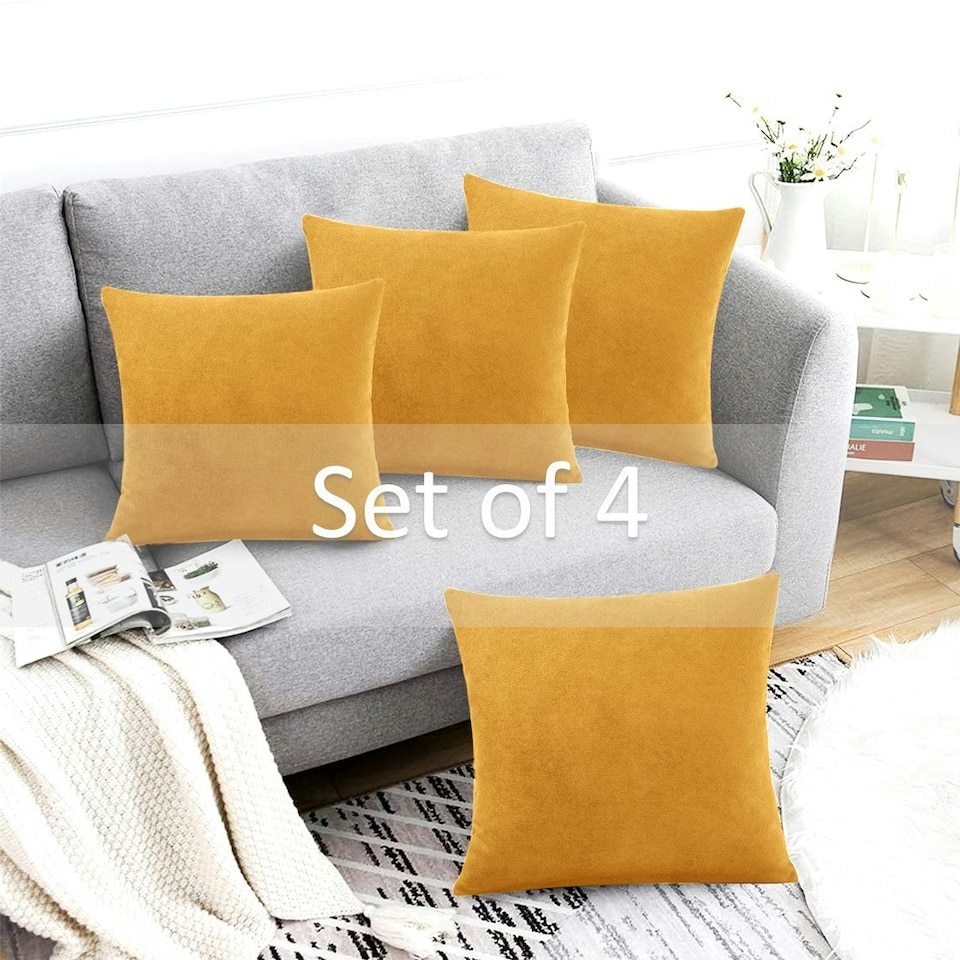 image 1 of Plain Chenille Velvet 45cm x 45cm Ochre Cushion Set of 4 | Yellow | 45cm x 45cm x 10cm | 4