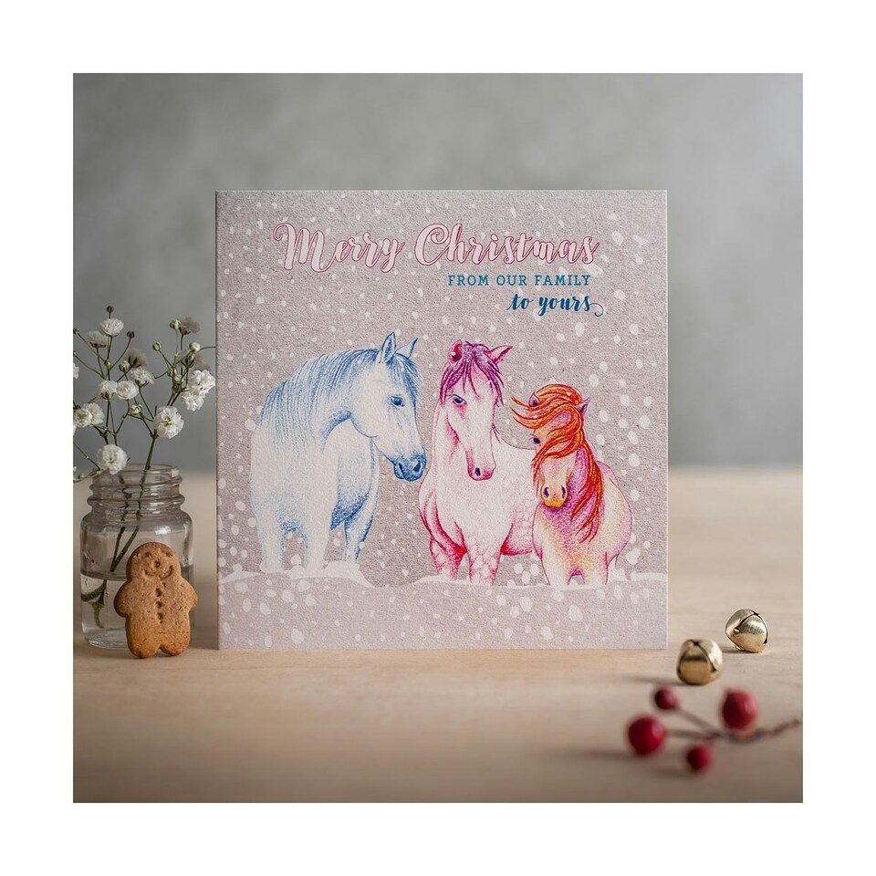 image 1 of Deckled Edge Christmas Card - From Our Family To Yours - Ponies in Snow (Silver) - One Size