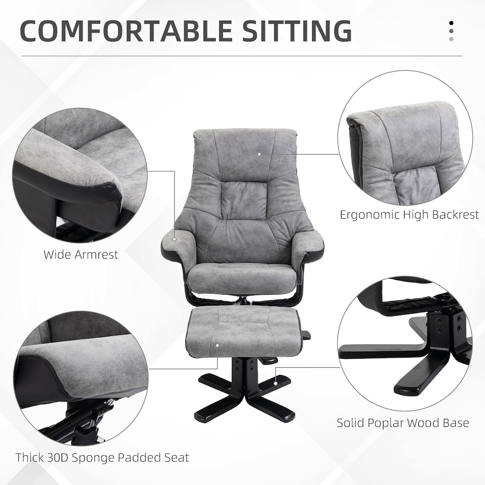 image 1 of HOMCOM Recliner Chair With Footstool, Swivel Lounge Armchair, 135 Reclining Chair With Soft Padded Seat and Armrest For Living Room, Bedroom, Grey