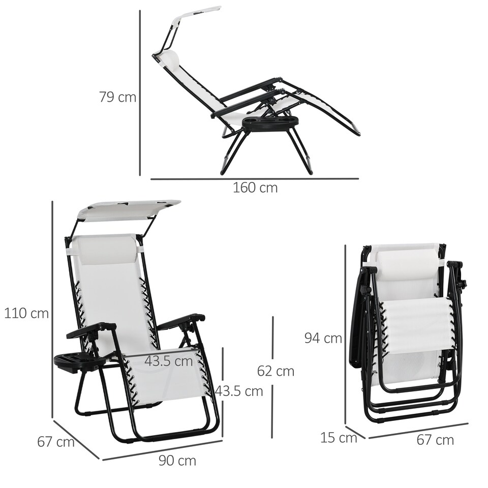 image 1 of Outsunny Foldable Reclining Garden Chair with Headrest, Zero Gravity Deck Sun Lounger Seat Chair with Footrest, Armrest, Cup Holder & Canopy Shade, White