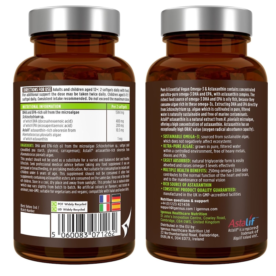 image 1 of Igennus Vegan Omega-3 Algae Oil, 400mg DHA & 200mg EPA & Astaxanthin, 60 Softgels