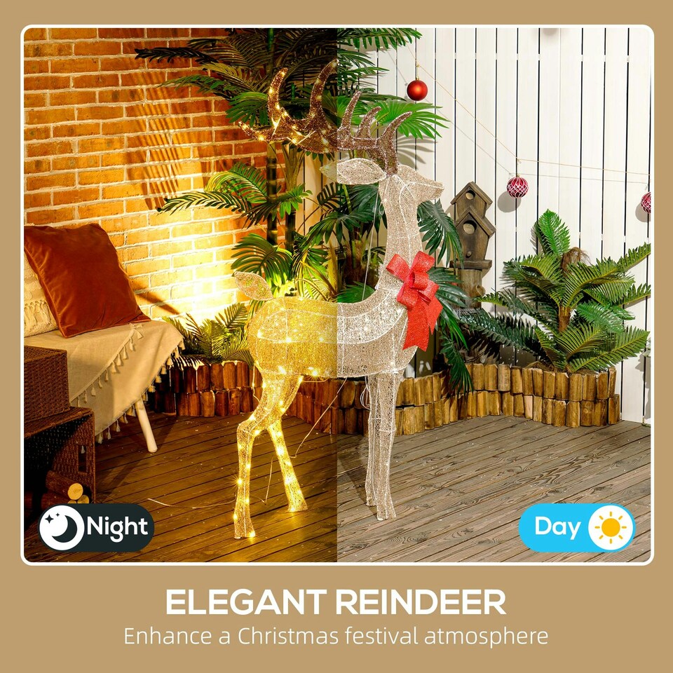image 1 of Outsunny Lighted Reindeer Christmas Decoration w/ Stakes Zip Ties Gold Tone